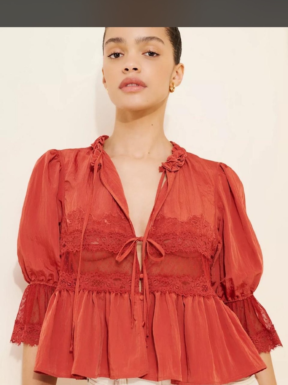 Free people Red Lace-Trim Peasant Blouse